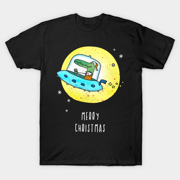 Merry Rocking Space Crocodile Alligator Christmas T-Shirt by Bumblebeast